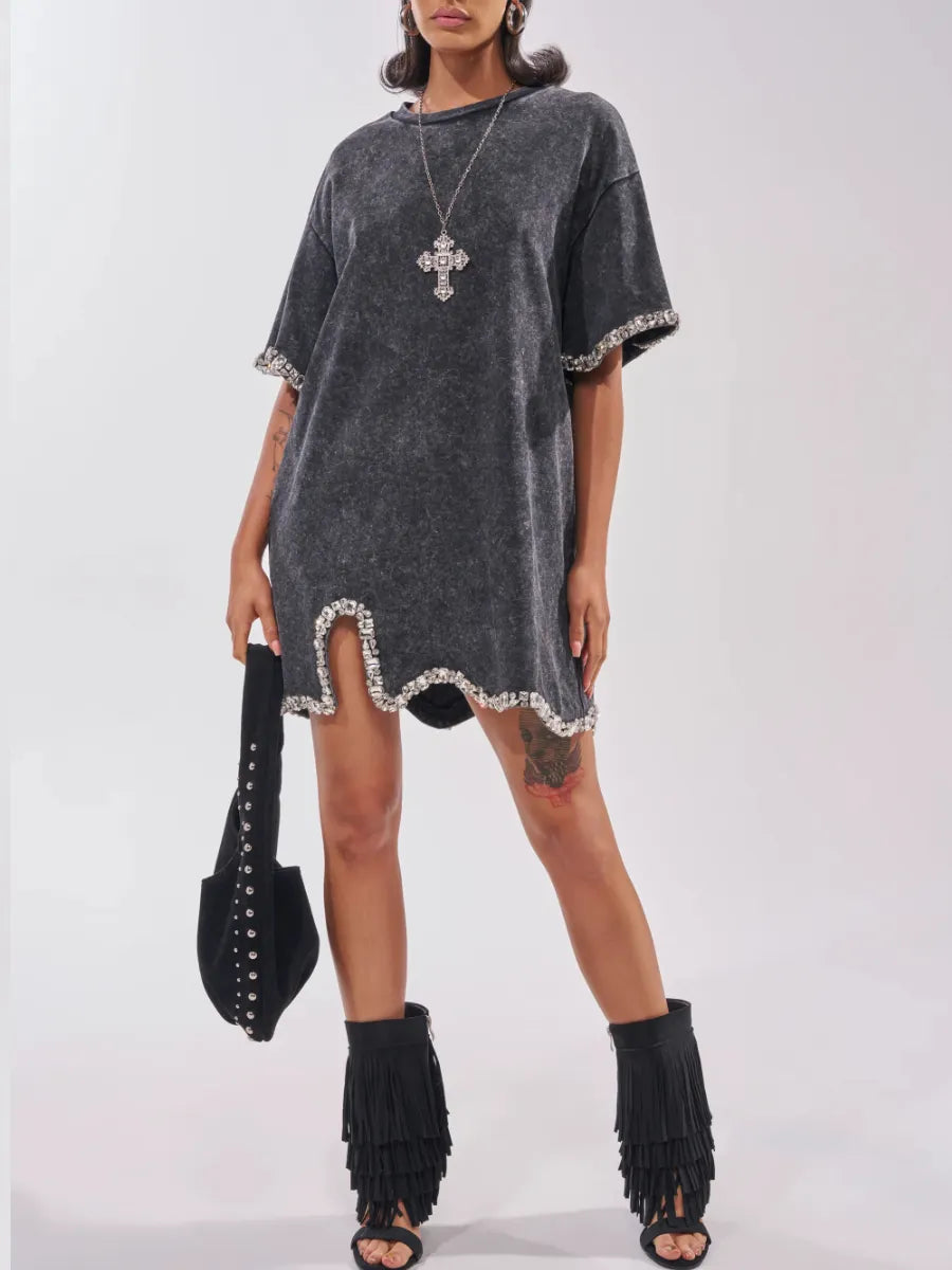 Rhinestone Trim Washed T‑Shirt Mini Dress