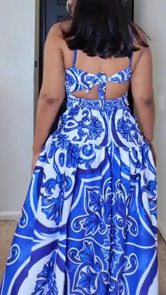 Blue White Porcelain Printed Bikini Swimsuit Maxi Skirt Set