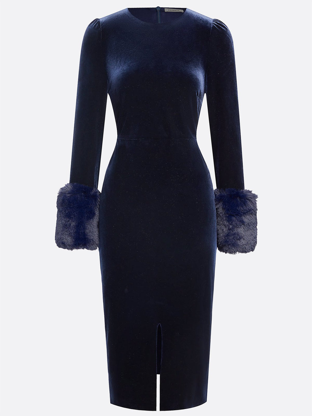 Navy Blue Slit Velvet Crew Neck Faux Fur Long Sleeve Sheath Midi Dress