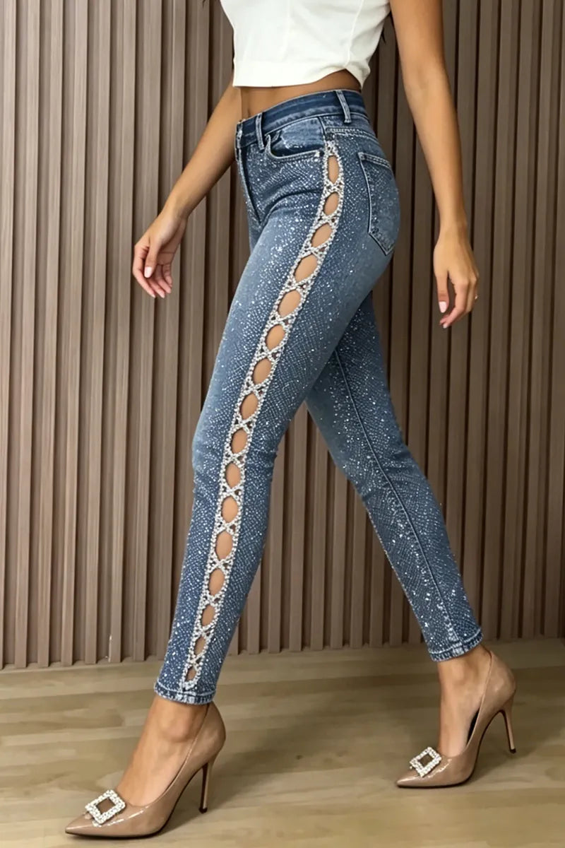 Rhinestone Cutout Side Skinny Denim Crop Pants