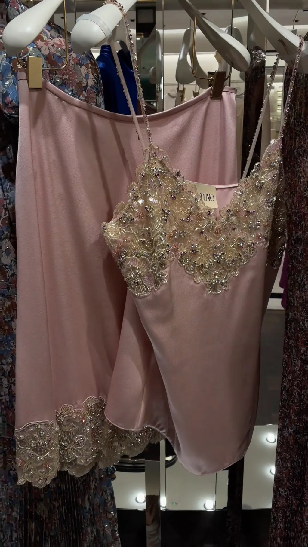 Pink Beaded Lace Satin Two‑Piece Set