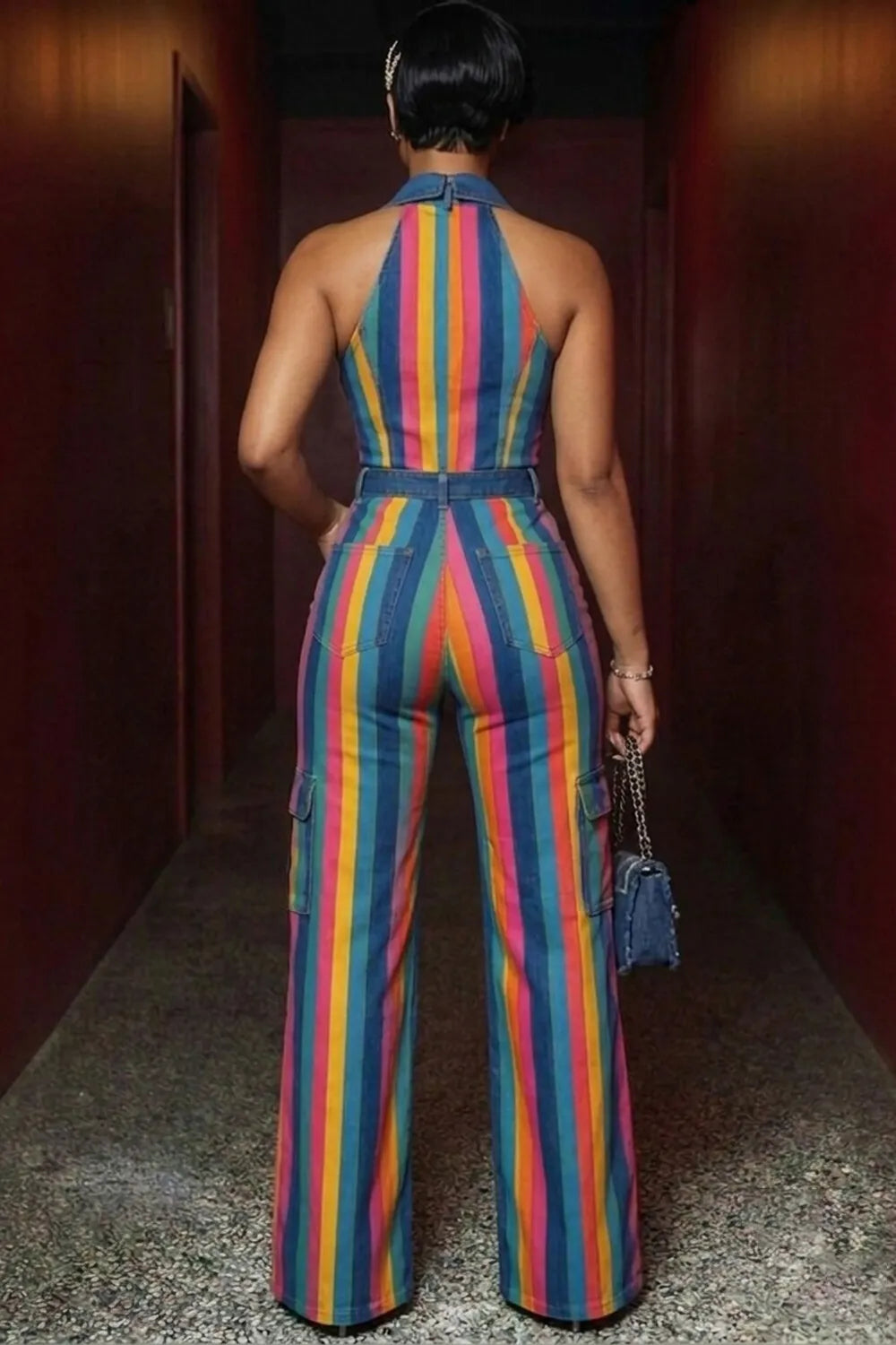 Rainbow Stripe Deep V Neck Wide Leg Denim Jumpsuit-Multicolor [Pre Order]