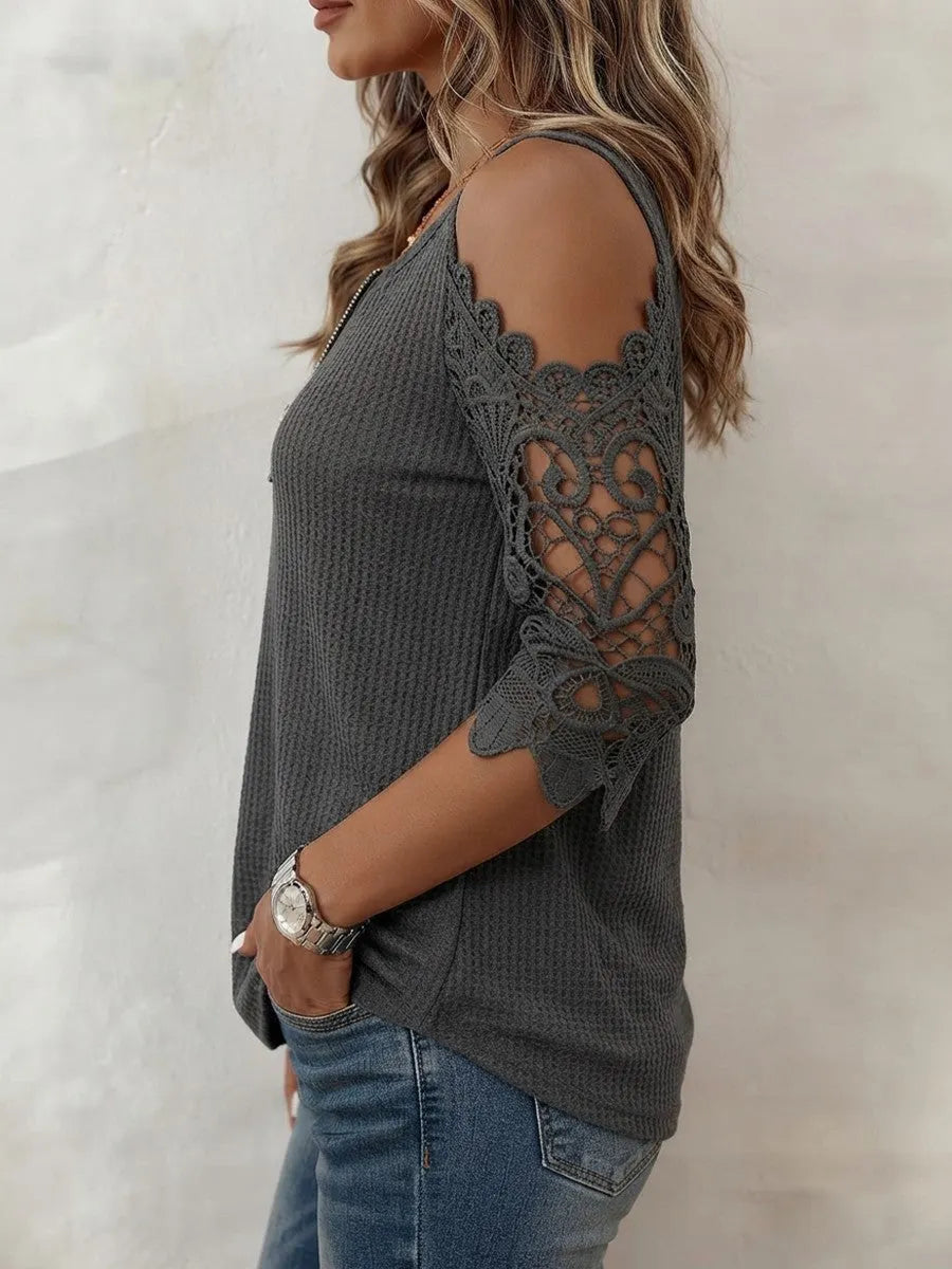 Semi-open Ring-zip Off-shoulder Cut-out Lace Top With Mid-length Sleeves