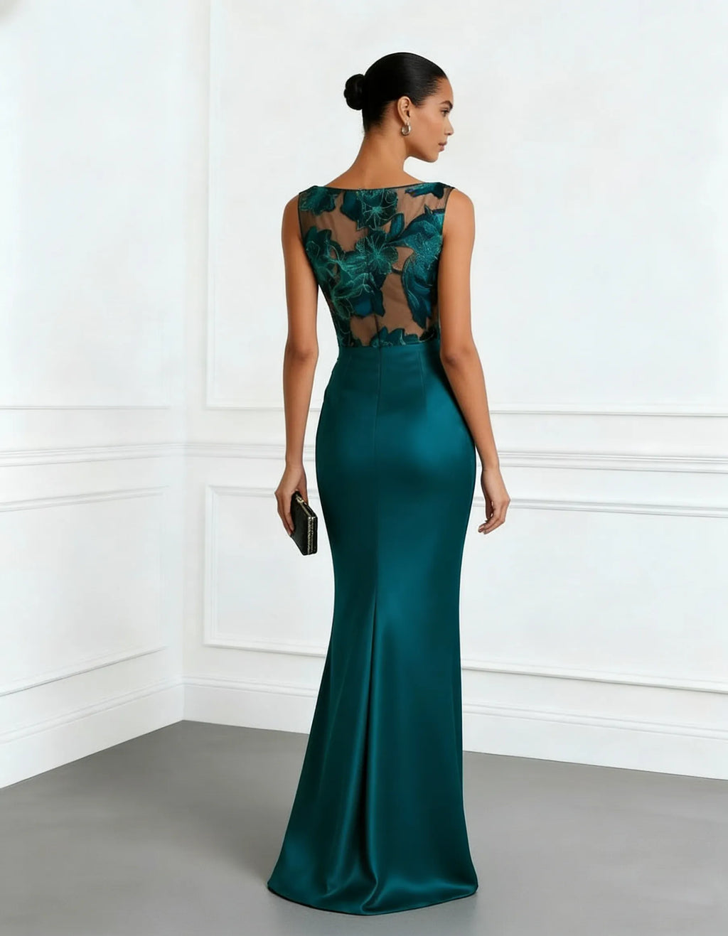 Cyan Jacquard Ruched Satin Boat Neck Sleeveless Sheath Floor-length Gown Dress