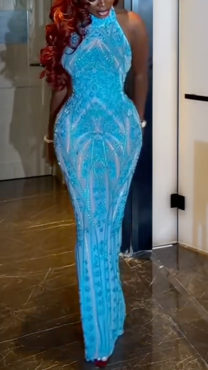 Rhinestone Halter Mermaid Formal Gown