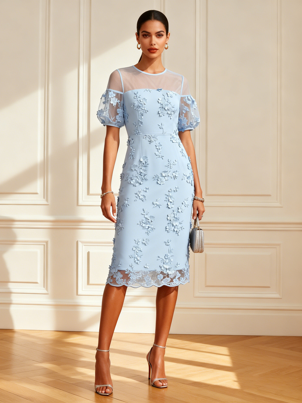 Light Blue 3D Floral Lace Crew Neck Short Sleeve Puff Sleeve Sheath Midi Dress