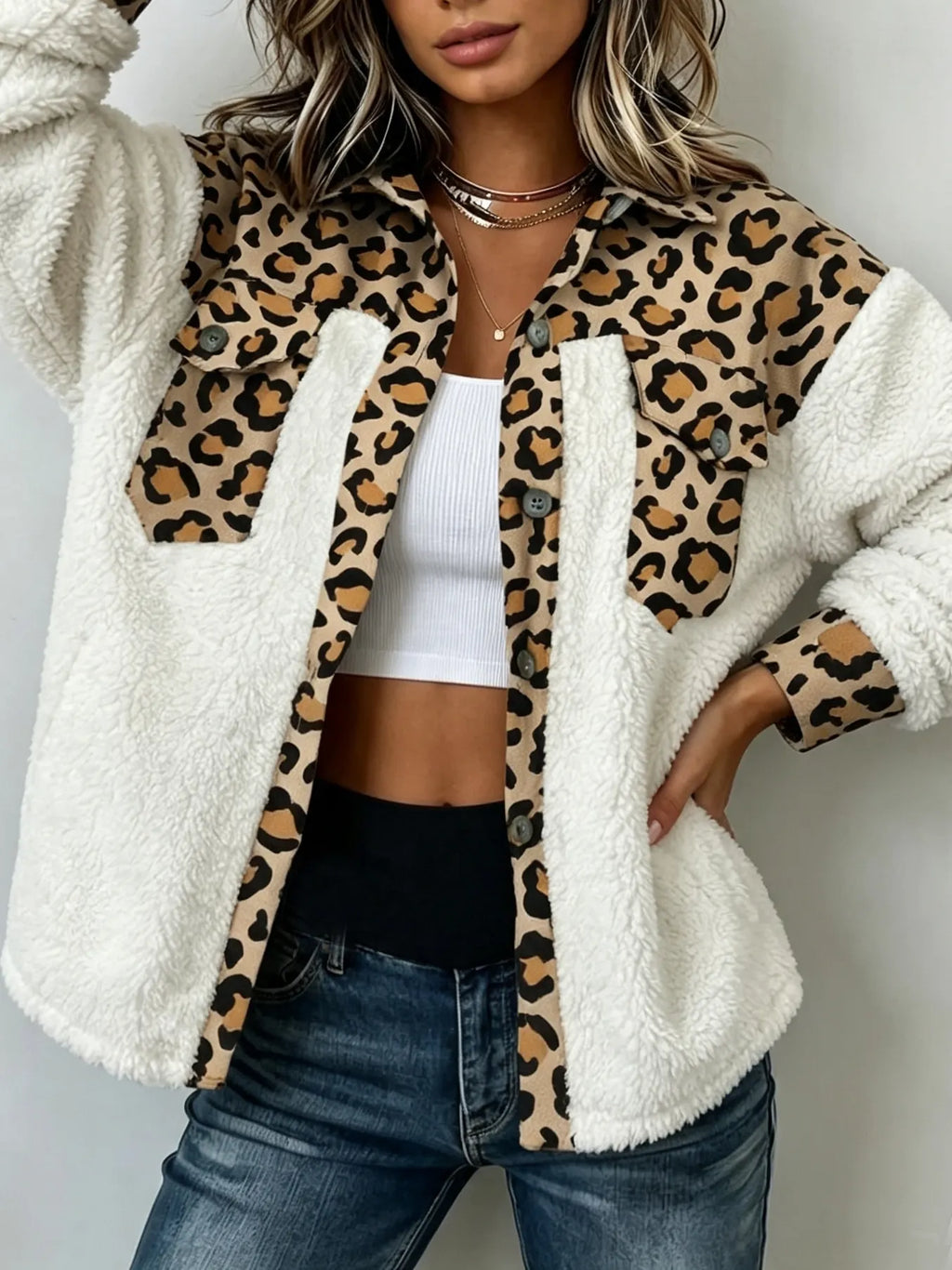 Cozy Leopard Print Fleece Shirt Jacket