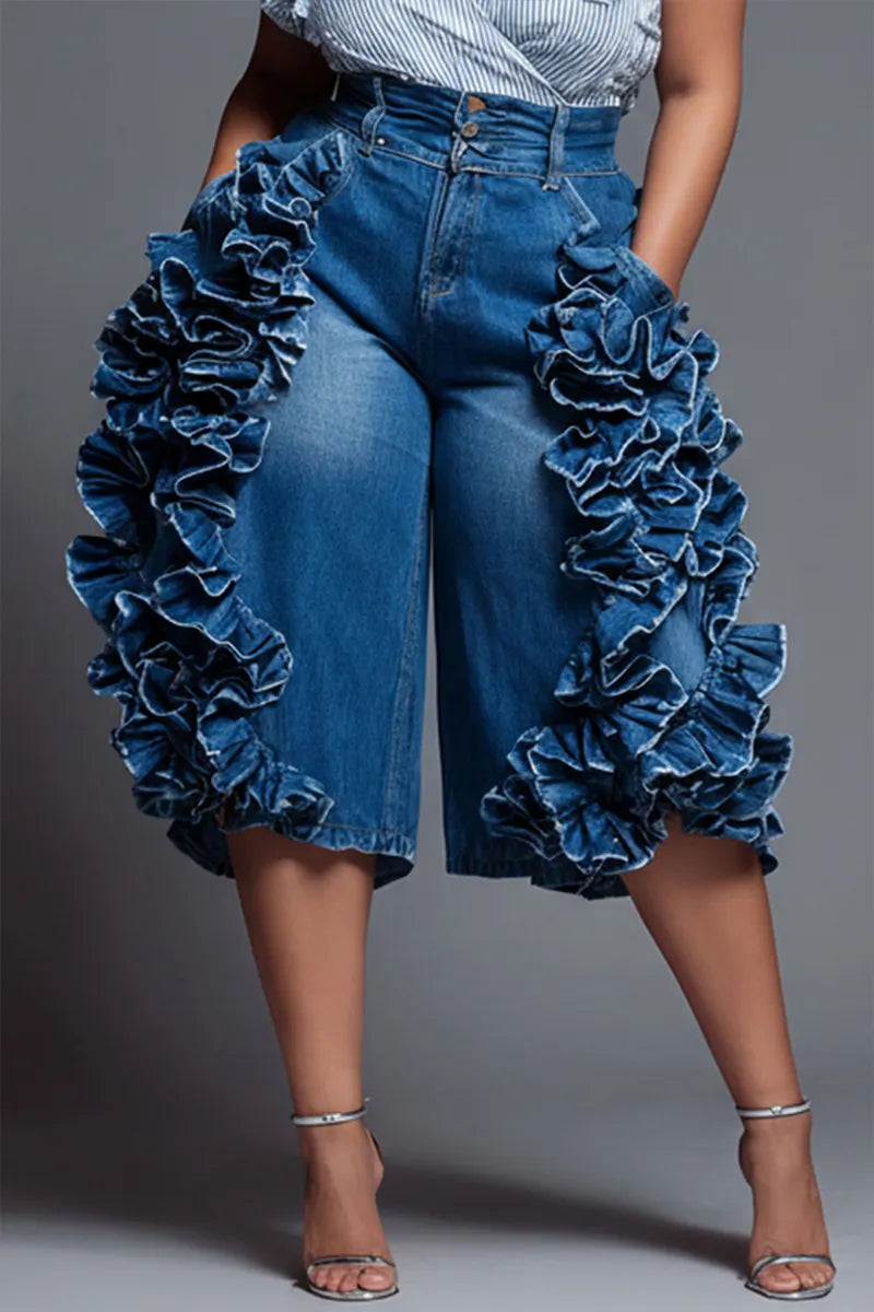 Women's Party Flounce Trim Side Pocket Cropped Jeans