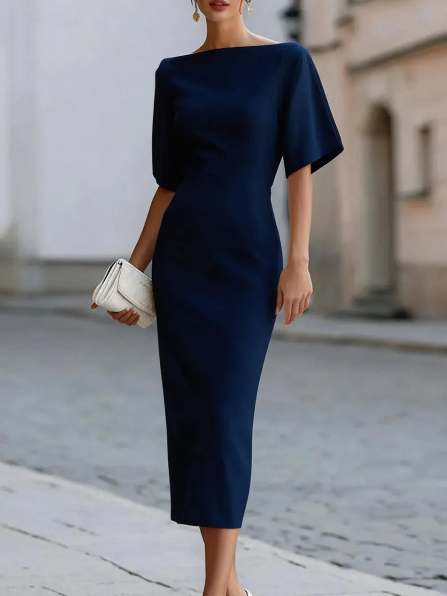 Women's Solid Color Classic Off-shoulder Short-sleeved Elegant Slim-fit Dress