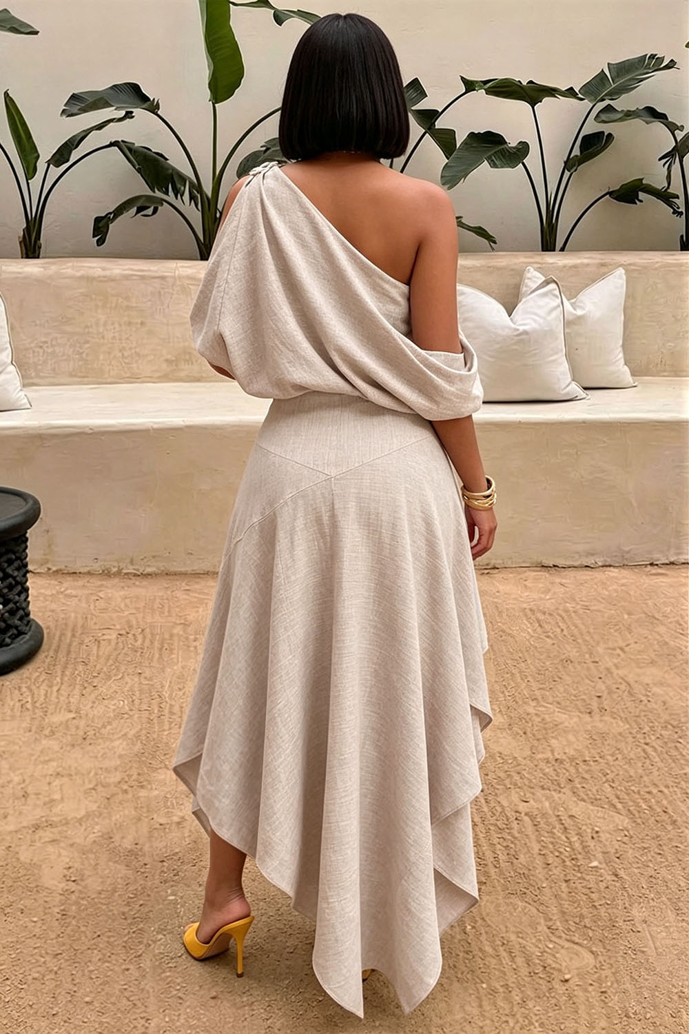 One-Shoulder Cotton Linen Ruffled Irregular Maxi Dresses-Beige