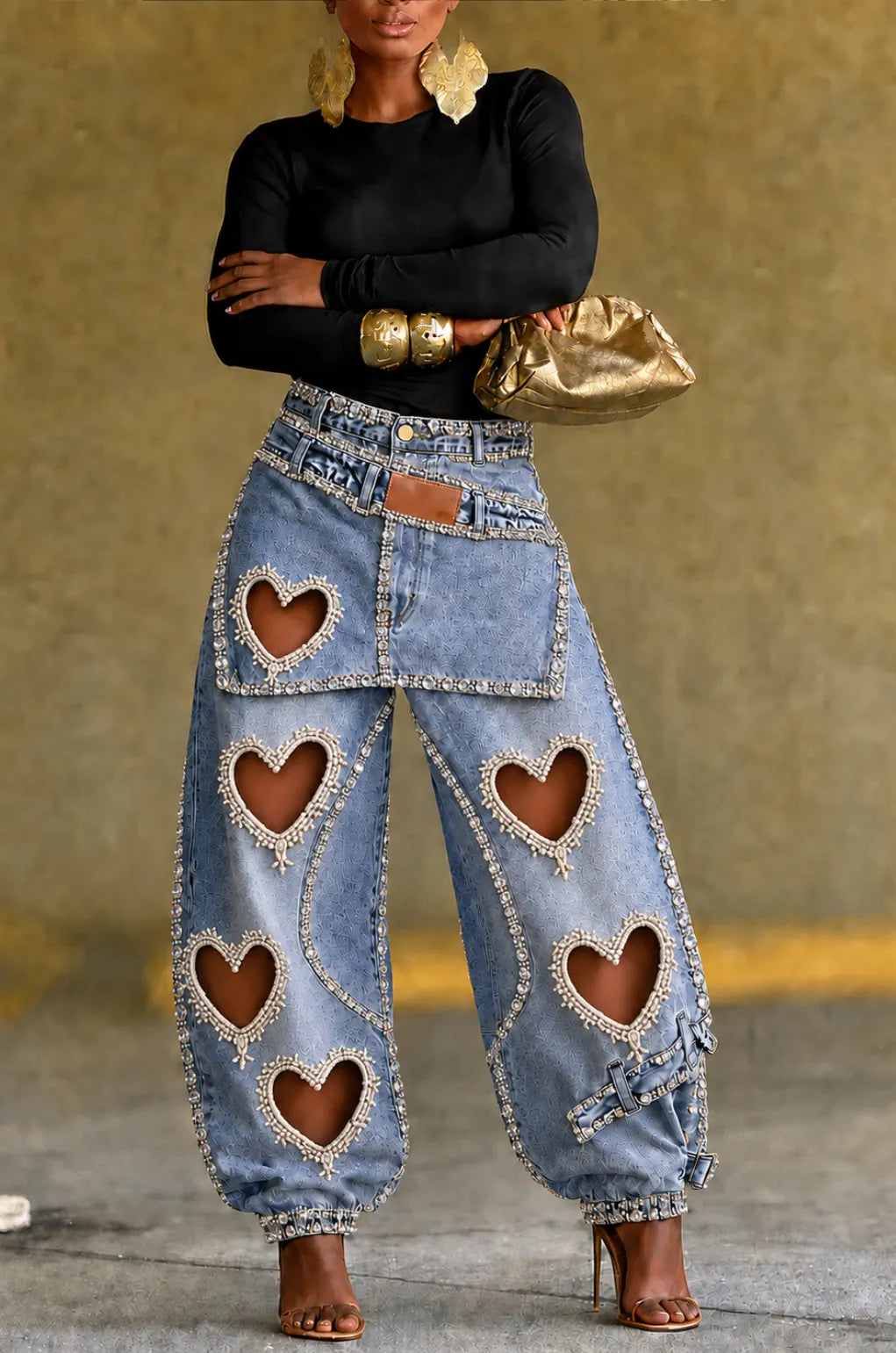 Heart Cutout Rhinestone Baggy Denim Pants