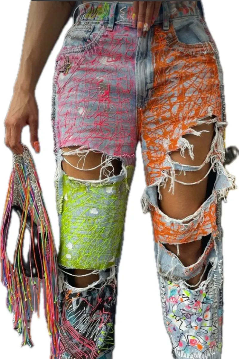 Ladies' Hot Selling Elegant Printed Ripped Straight Leg Jeans