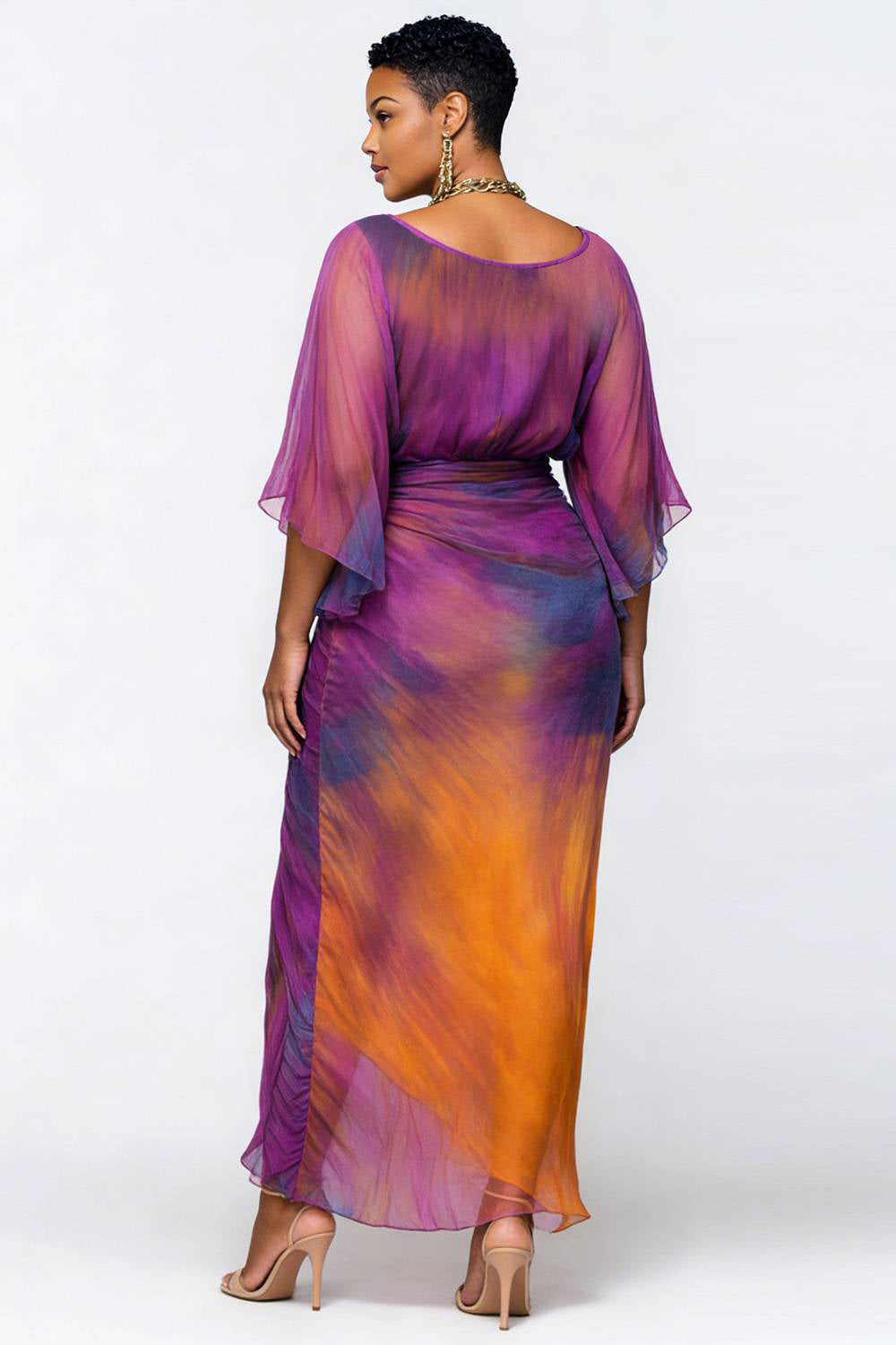 复制Xpluswear Design Plus Size Cocktail Party Purple Tie Dye Round Neck Flare 3/4 Sleeve Ruched Chiffon Maxi Dresses