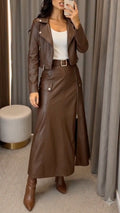 Brown Faux Leather Jacket Midi Skirt Outfit