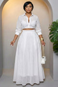 Long Sleeve Crop Top High Waist Maxi Skirt Casual 2pcs Set-White