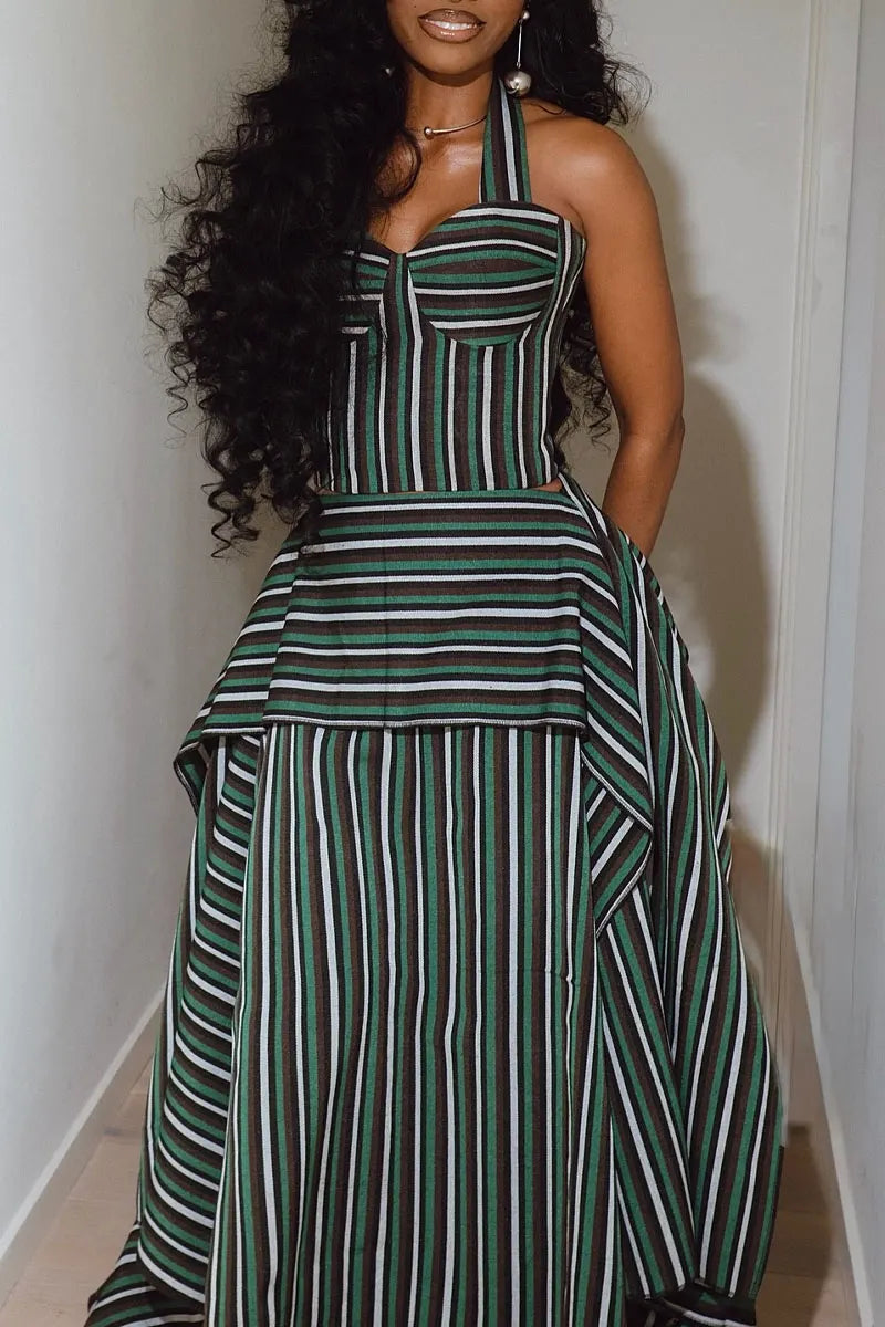 Women's Vintage Striped Halter Neck Asymmetric Maxi Dress