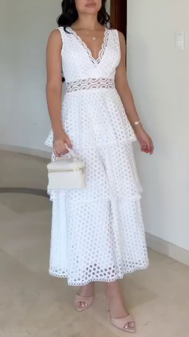 Women's V-Neck Cutout Lace Tiered Dress