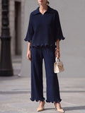 Chic Navy Blue Pleated Ruffle-Trim Two-Piece Set