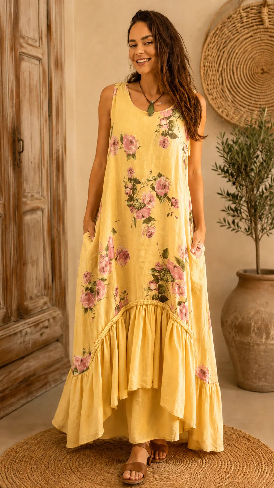 Rose Floral Sleeveless Linen-Blend Maxi Dress