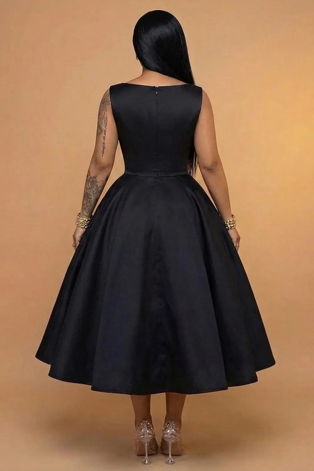 Boat Neck Sleeveless Floral Bouffant Gowns Maxi Dresses-Black