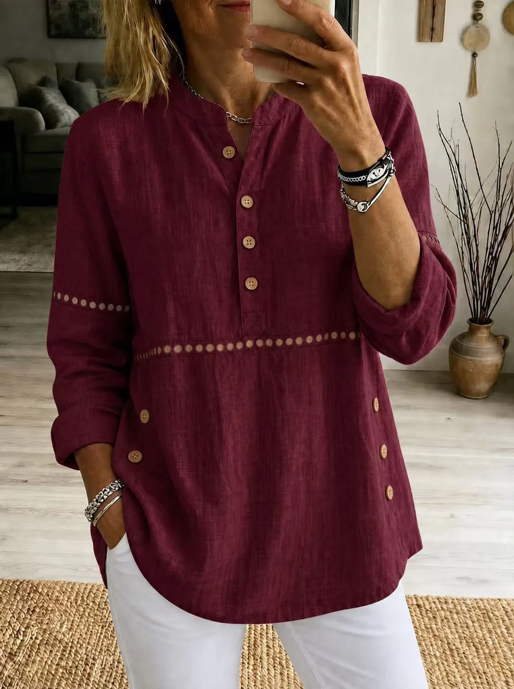 Hollow Eyelet Stand Collar Linen Henley Blouse