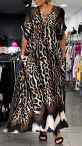 Leopard Print V‑Neck Chiffon Kaftan Dress