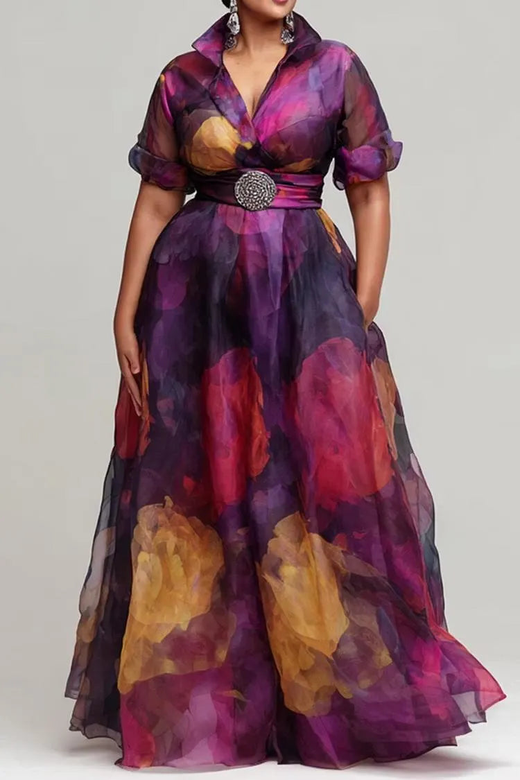 Floral Print Chiffon Collared Maxi Dress