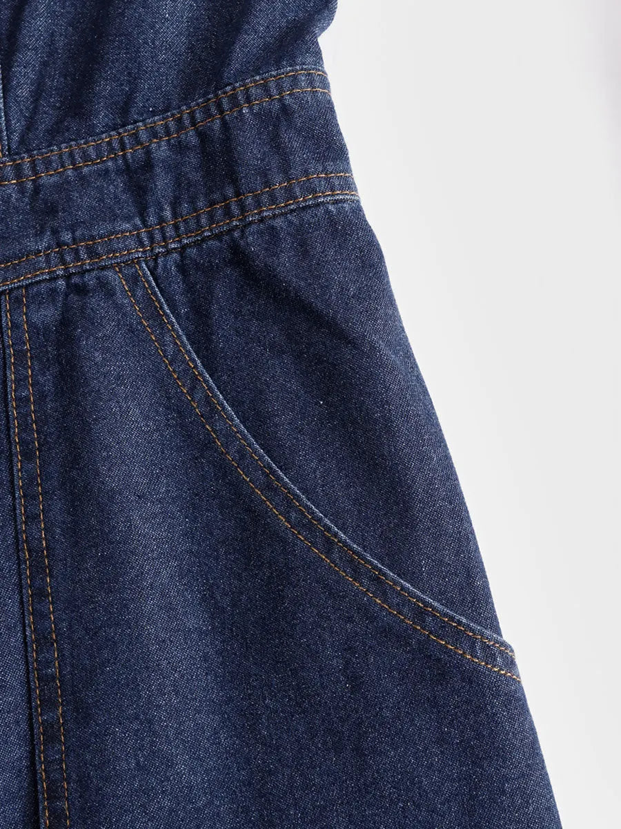 Casual Retro Multi-pocket Topstitching Dark Blue Denim Sleeveless Balloon Jumpsuit