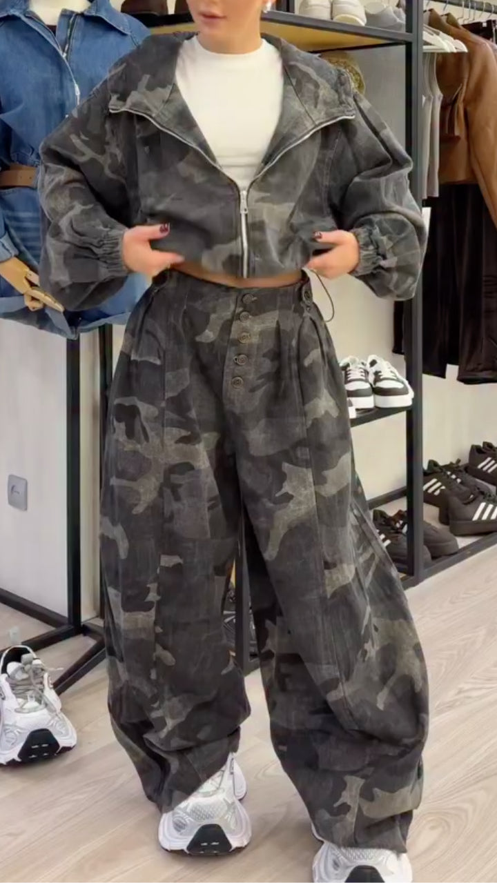 Cropped Jacket And Baggy Pants Two Piece