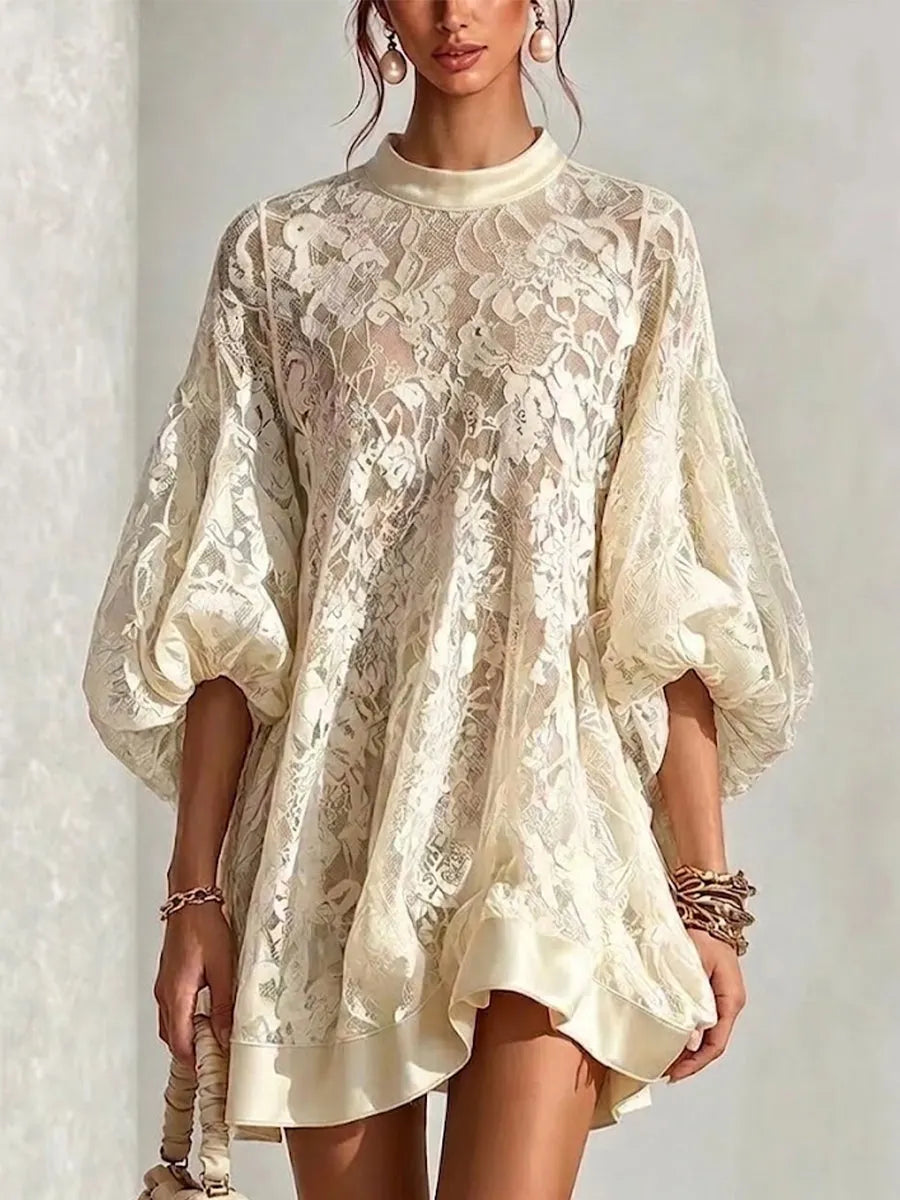 Casual Loose-fit Puff-sleeve Lace Dress