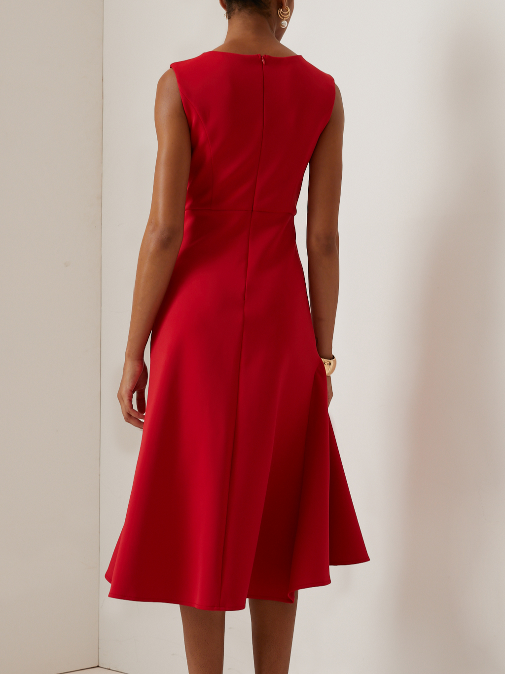 Red Asymmetric Ruffled Classic Boat Neck Sleeveless Midi Elegant A-line Dress with Waist Twist for Day-to-Night