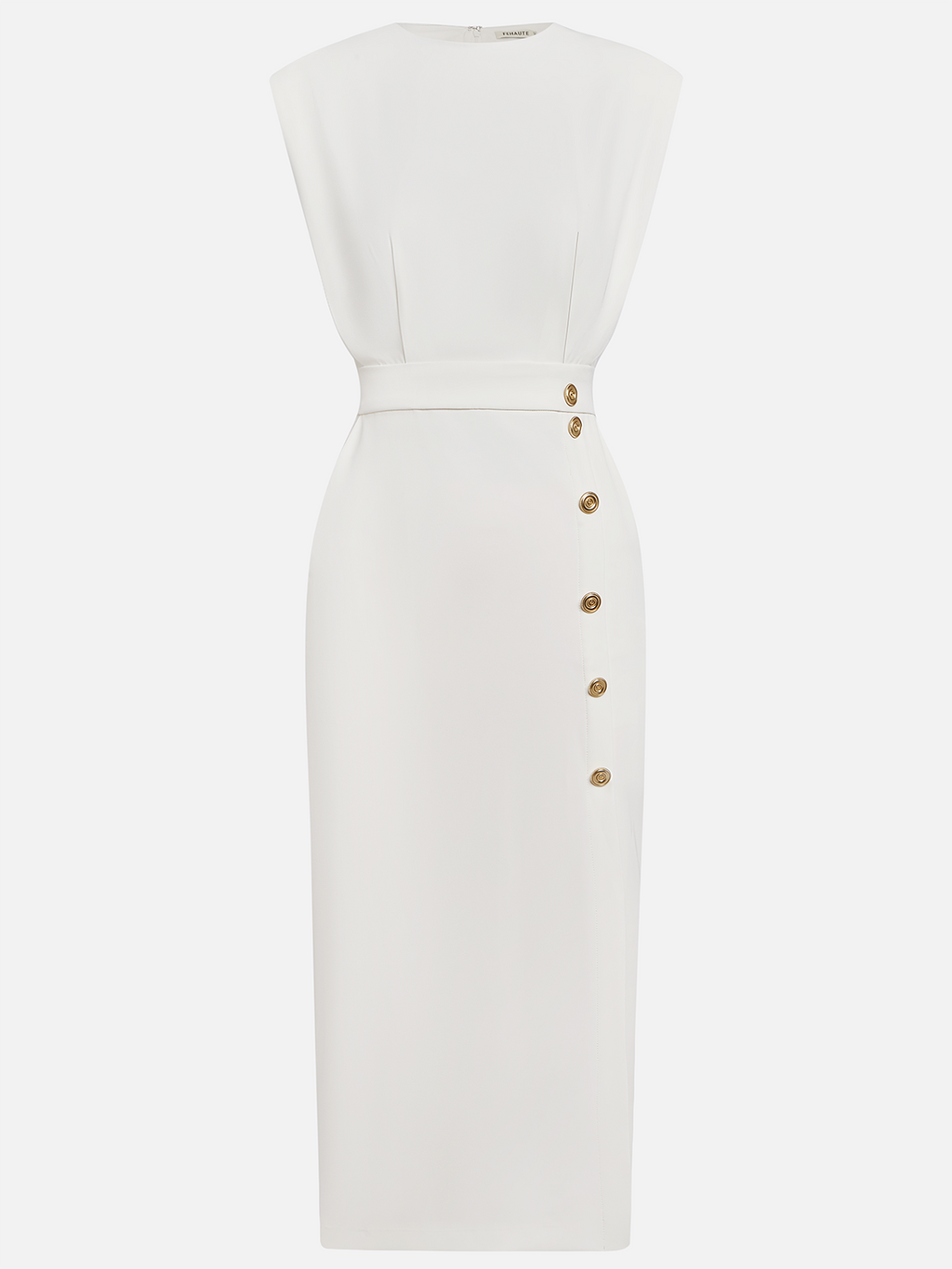 Off White Button Side-Slit Classic Crew Neck Sleeveless Sheath Midi Dress With Pockets