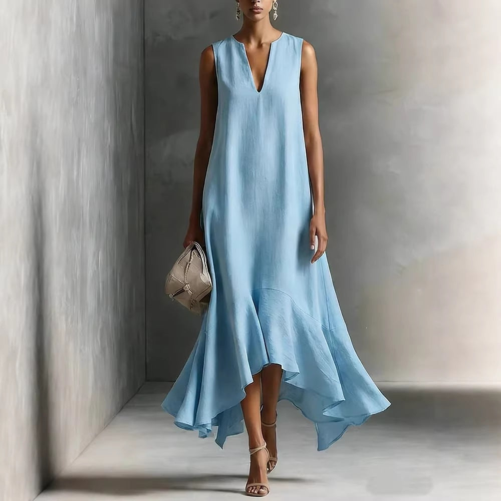 Sleeveless V-Neck Linen Midi Dress with Ruffled Hem
