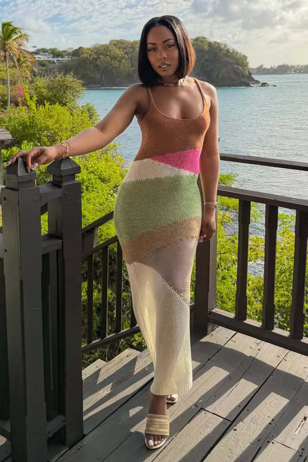 Scoop Neck Cami Colorblock Ribbed Knit Slim Vacation Maxi Dresses-Multicolor
