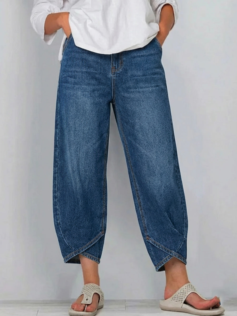 Women's Washed High-Waisted Cropped Lantern Jeans