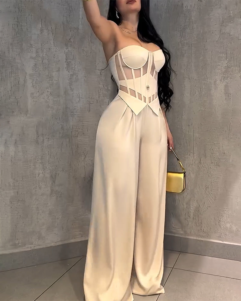 Strapless Mesh Cutout Corset Wide-Leg Jumpsuit
