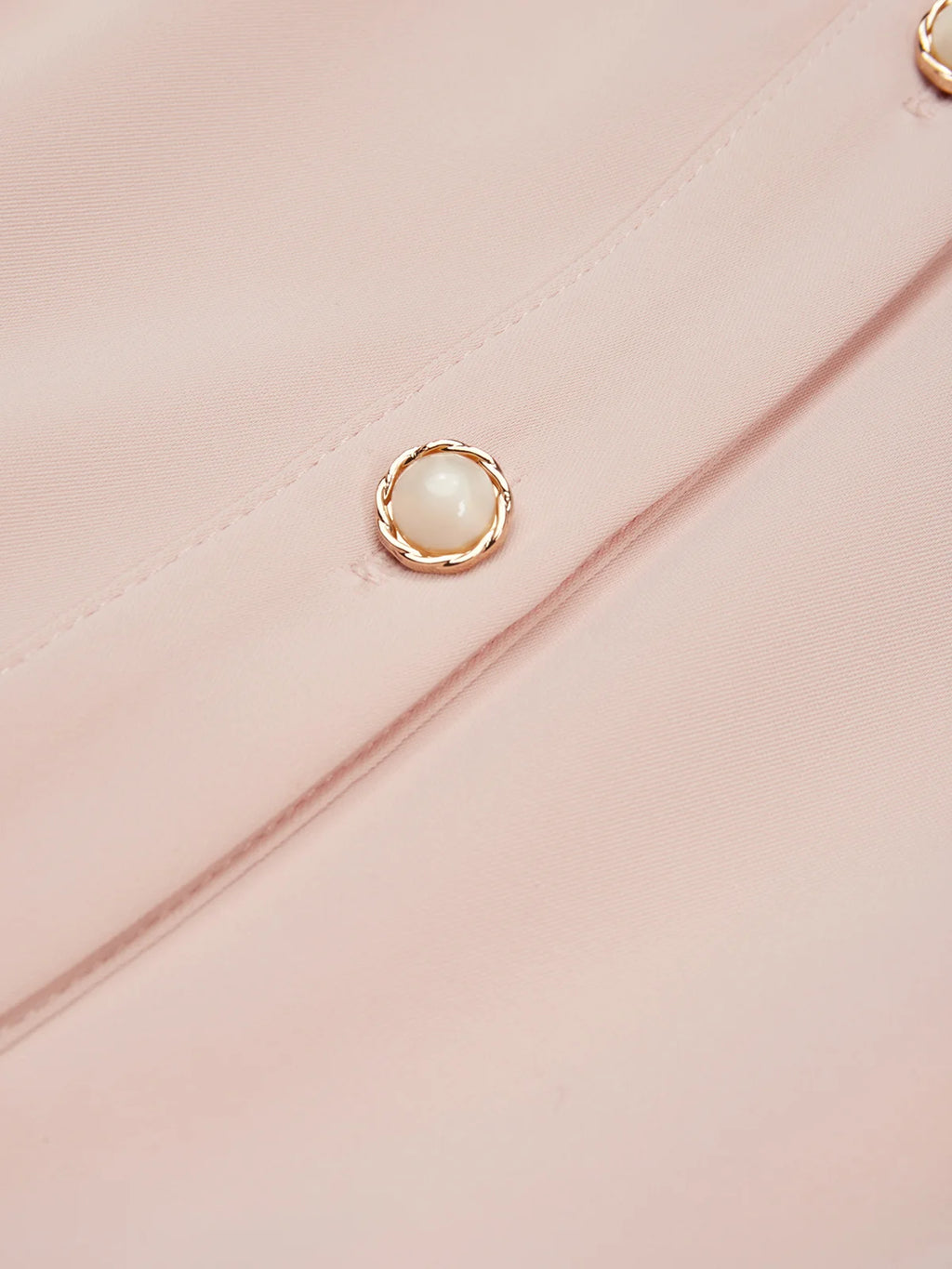 Pink Pleated Classic Shirt Collar Short Sleeve A-Line Midi Dress