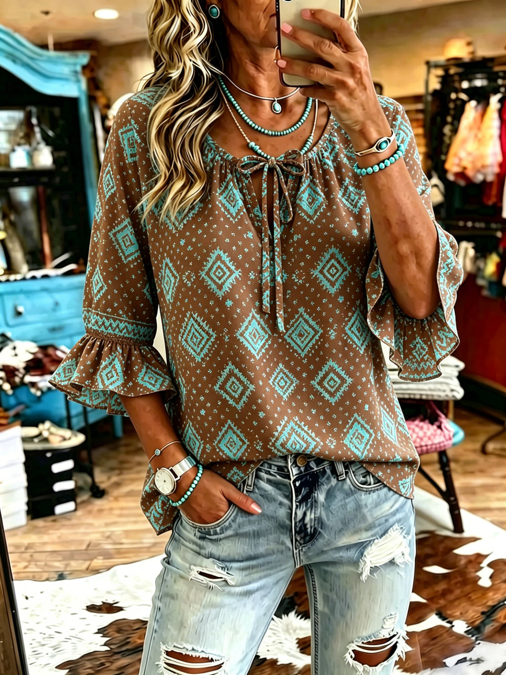 Women's Vintage Aztec Print Patchwork Chiffon Casual Shirt