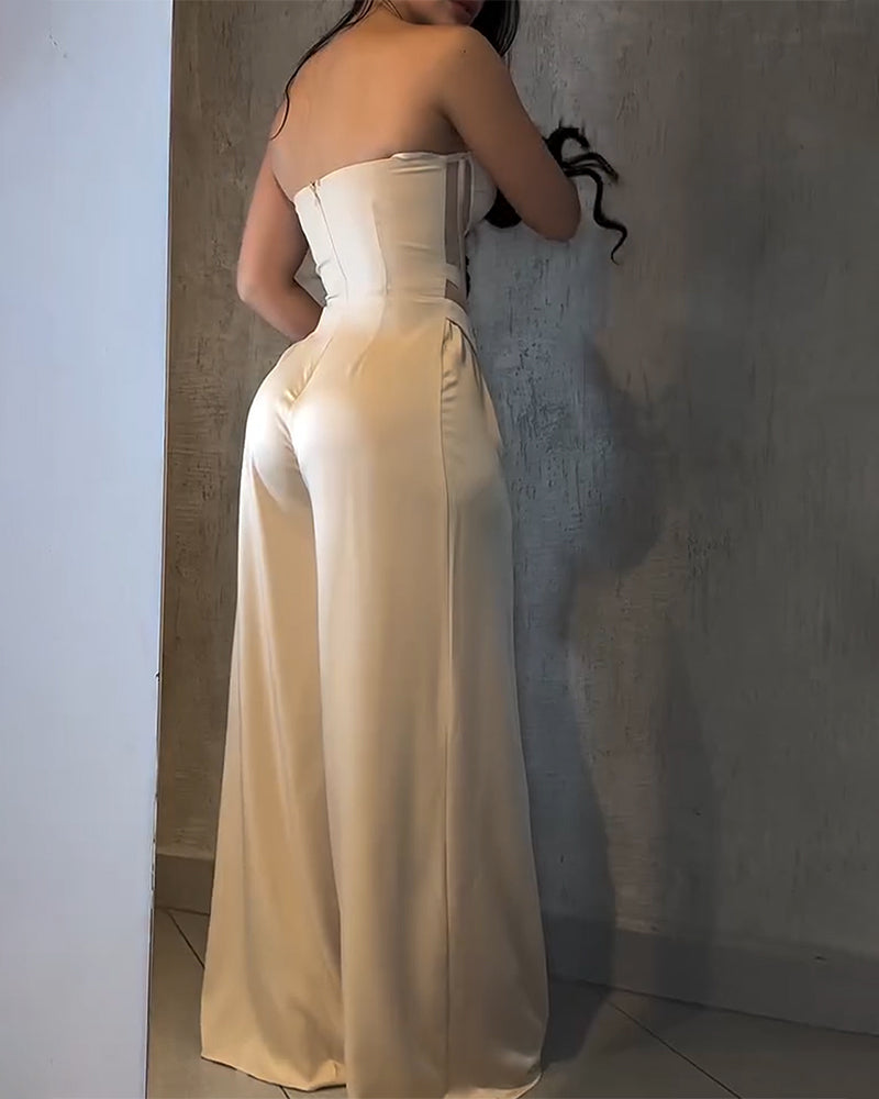 Strapless Mesh Cutout Corset Wide-Leg Jumpsuit