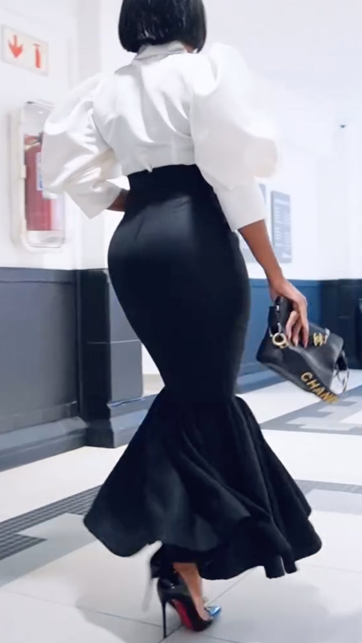 Black & White Bow Blouse + Mermaid Skirt Set