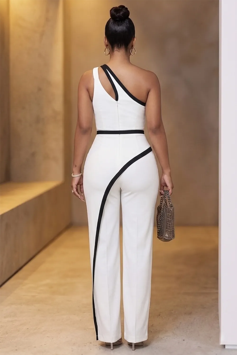 One Shoulder Colorblock Casual Straight Leg Jumpsuit-White [Pre Order]