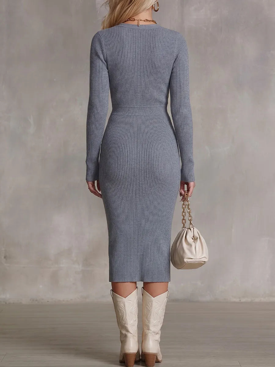 Women's Solid Color V-neck Long Sleeve Casual Loose Slit Knit Dress