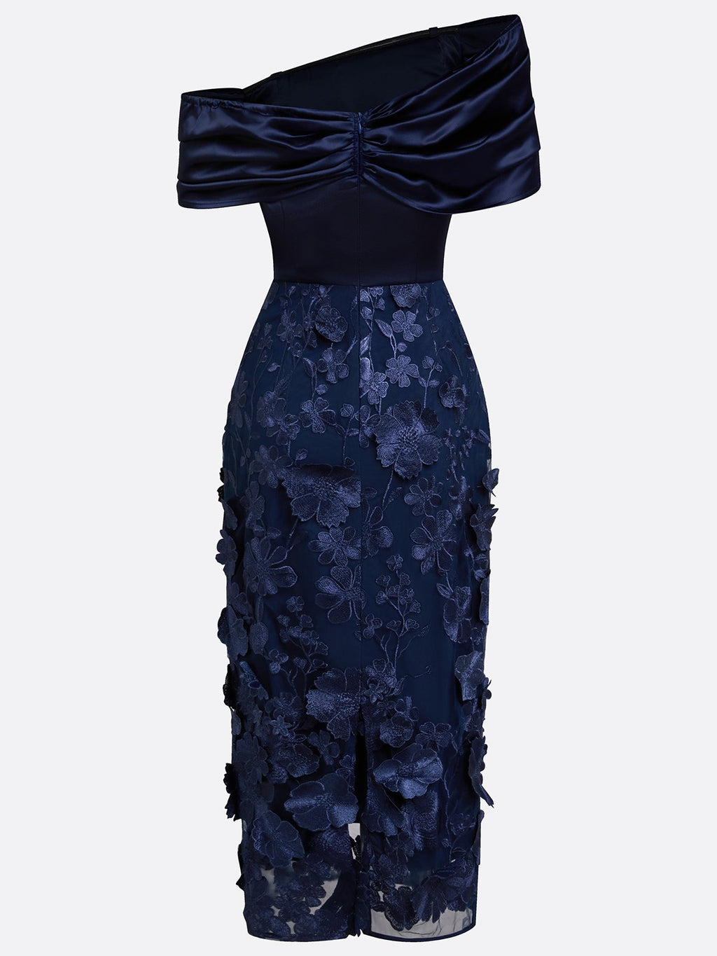 Navy Blue 3D Floral Applique Classic Off The Shoulder Short Sleeve Sheath Midi Dress