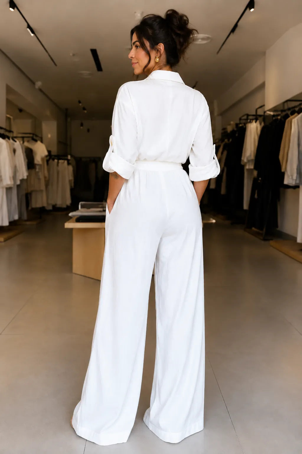 White Utility Zip‑Up Jumpsuit