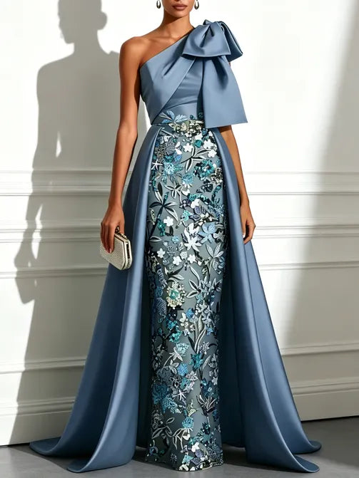 Blue Bow Satin One Shoulder Sleeveless A-Line Gown Dress