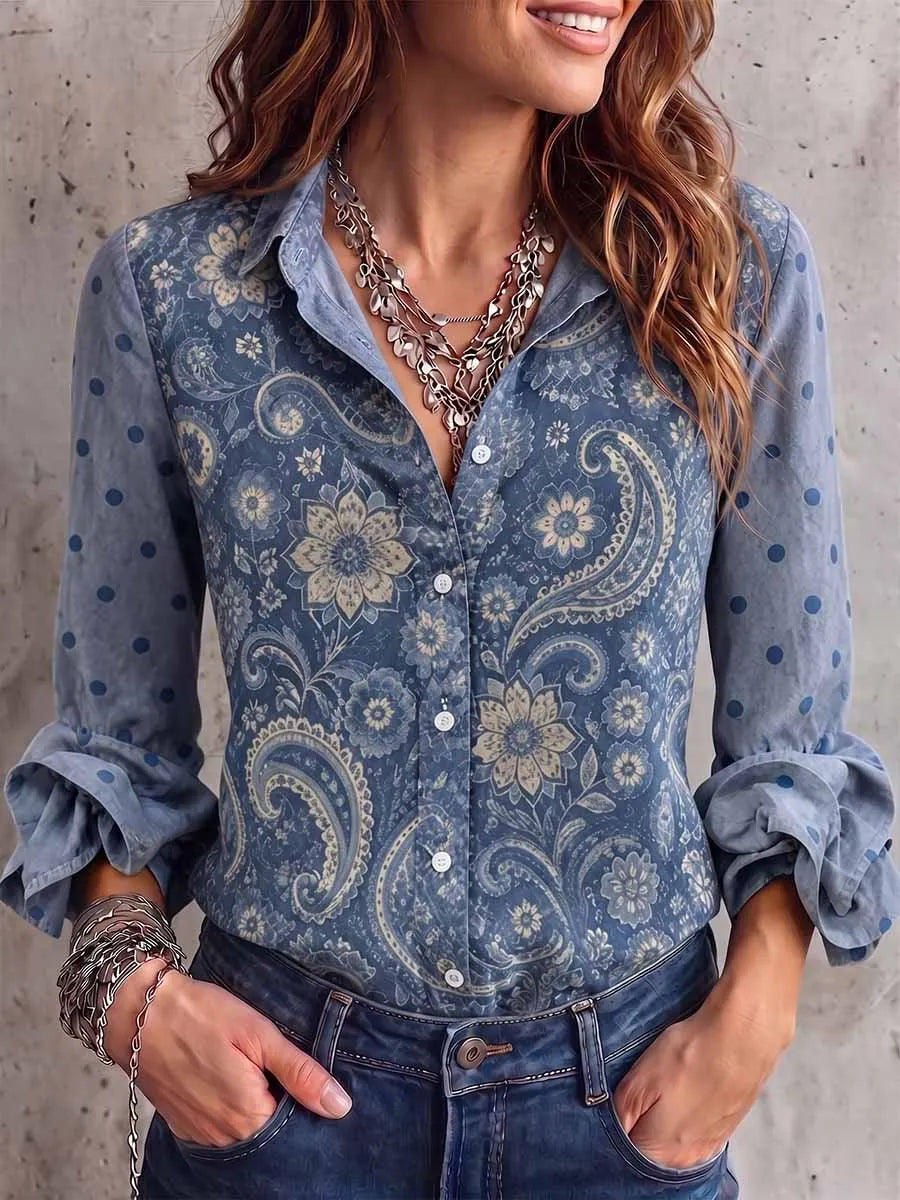 Women's Retro Print Patchwork Polka Dot Print Lapel Ruffled Long Sleeve Casual Loose Shirt