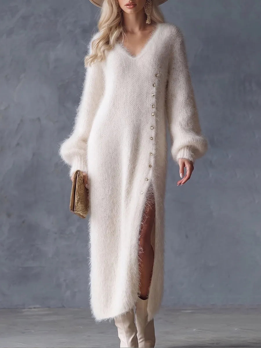 Stylish And Elegant V-neck Knitted Maxi Dress With A Soft, Velvety Feel