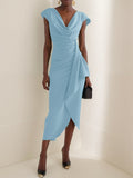Light Blue Ruched Asymmetric Classic Cowl Neck Cap Sleeve Sheath Midi Dress