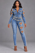 Crystal Heart Cutout Denim Jumpsuit