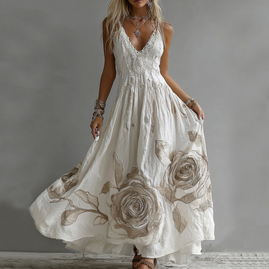 Women's Rose Embroidery Art V-neck Suspender Maxi Dress